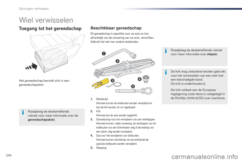 Peugeot Expert VU 2016  Handleiding (in Dutch) 296
Expert_nl_Chap08_En-cas-de-panne_ed01-2016
Wiel verwisselen
Het gereedschap bevindt zich in een 
gereedschapskist.
Toegang tot het gereedschap
1. Wielsleutel. Hiermee kunnen de wielbouten worden v