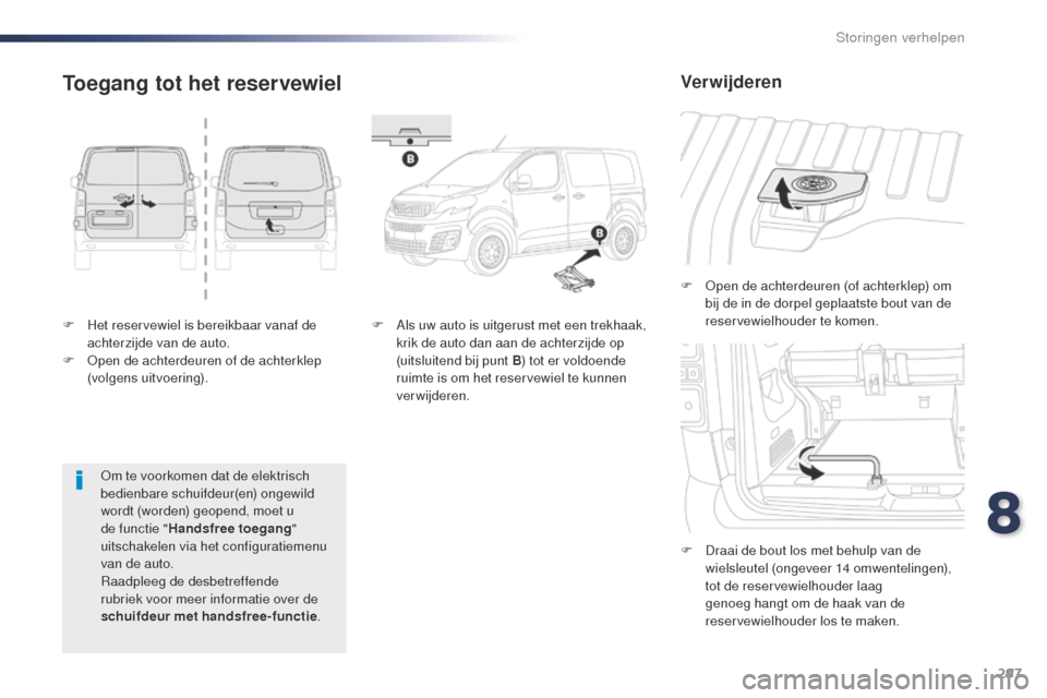 Peugeot Expert VU 2016  Handleiding (in Dutch) 297
Expert_nl_Chap08_En-cas-de-panne_ed01-2016
F Het reservewiel is bereikbaar vanaf de achterzijde van de auto.
F
  o
p
 en de achterdeuren of de achterklep 
(volgens uitvoering). F
  o
p
 en de acht