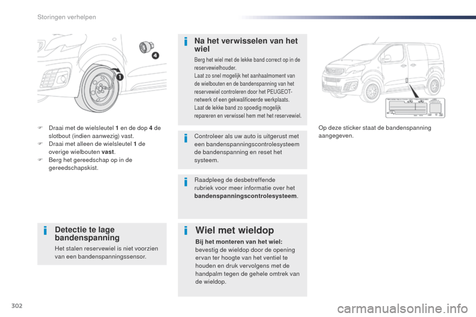 Peugeot Expert VU 2016 Handleiding (in Dutch) 302
Expert_nl_Chap08_En-cas-de-panne_ed01-2016
F Draai met de wielsleutel 1 en de dop 4 de slotbout (indien aanwezig) vast.
F
D
raai met alleen de wielsleutel 1 de
overige wielbouten vast .
F
B
Peugeot Expert VU 2016 Handleiding (in Dutch) 302
Expert_nl_Chap08_En-cas-de-panne_ed01-2016
F Draai met de wielsleutel 1 en de dop 4 de slotbout (indien aanwezig) vast.
F
D
raai met alleen de wielsleutel 1 de
overige wielbouten vast .
F
B