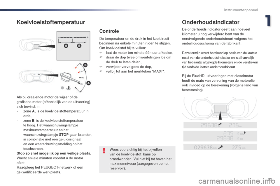 Peugeot Expert VU 2016  Handleiding (in Dutch) 31
Expert_nl_Chap01_instruments-de-bord_ed01-2016
Als bij draaiende motor de wijzer of de 
grafische meter (afhankelijk van de uitvoering) 
zich bevindt in:
-  zone  A, is de koelvloeistoftemperatuur 