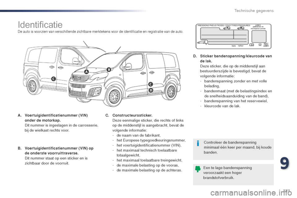 Peugeot Expert VU 2016 Handleiding (in Dutch) 337
Expert_nl_Chap09_caracteristiques-techniques_ed01-2016
IdentificatieDe auto is voorzien van verschillende zichtbare merktekens voor de identificatie en registratie van de auto.
A. Voertuigidentifi Peugeot Expert VU 2016 Handleiding (in Dutch) 337
Expert_nl_Chap09_caracteristiques-techniques_ed01-2016
IdentificatieDe auto is voorzien van verschillende zichtbare merktekens voor de identificatie en registratie van de auto.
A. Voertuigidentifi