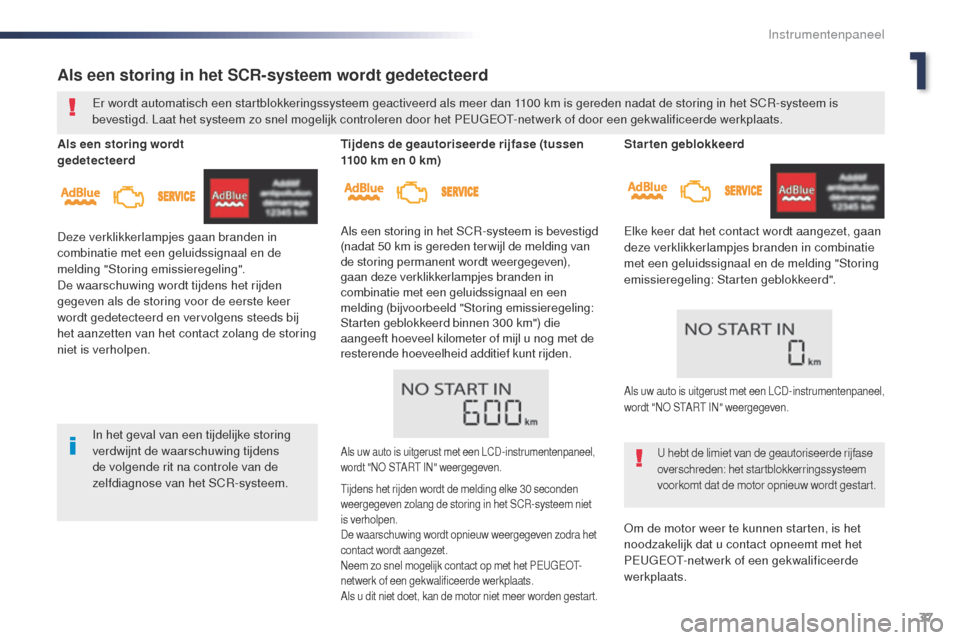 Peugeot Expert VU 2016  Handleiding (in Dutch) 37
Expert_nl_Chap01_instruments-de-bord_ed01-2016
Starten geblokkeerd
Elke keer dat het contact wordt aangezet, gaan 
deze verklikkerlampjes branden in combinatie 
met een geluidssignaal en de melding