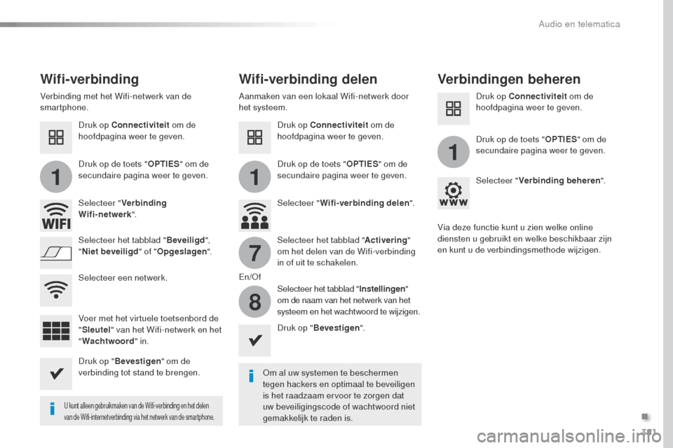 Peugeot Expert VU 2016 Handleiding (in Dutch) 381
11
1
7
8
Expert_nl_Chap10b_NAC-1_ed01-2016
Wifi-verbindingWifi-verbinding delenVerbindingen beheren
om al uw systemen te beschermen
tegen hackers en optimaal te beveiligen
is het raadzaam ervoor Peugeot Expert VU 2016 Handleiding (in Dutch) 381
11
1
7
8
Expert_nl_Chap10b_NAC-1_ed01-2016
Wifi-verbindingWifi-verbinding delenVerbindingen beheren
om al uw systemen te beschermen
tegen hackers en optimaal te beveiligen
is het raadzaam ervoor