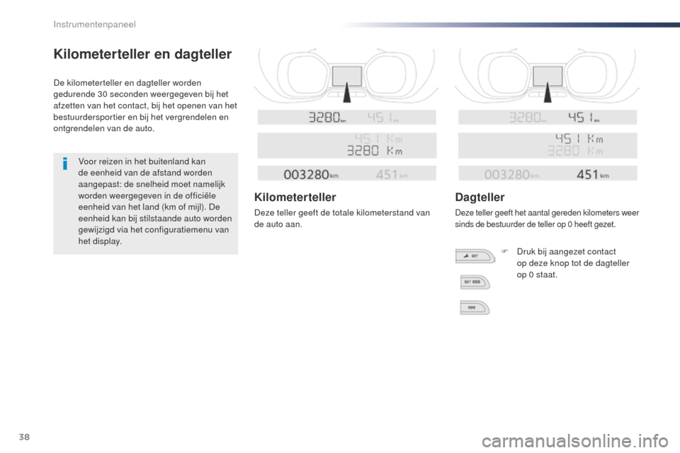 Peugeot Expert VU 2016  Handleiding (in Dutch) 38
Kilometerteller en dagteller
De kilometerteller en dagteller worden 
gedurende 30 seconden weergegeven bij het 
afzetten van het contact, bij het openen van het 
bestuurdersportier en bij het vergr