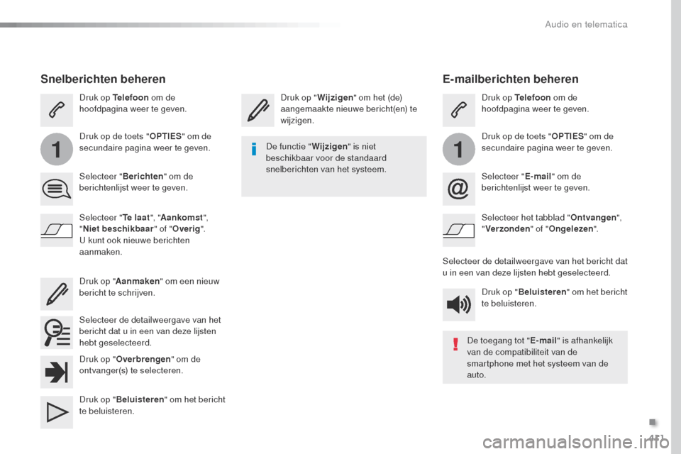 Peugeot Expert VU 2016 Handleiding (in Dutch) 411
11
Expert_nl_Chap10b_NAC-1_ed01-2016
E-mailberichten beheren
Druk op "Wijzigen" om het (de)
aangemaakte nieuwe bericht(en) te
wijzigen. Druk op Telefoon
om de
hoofdpagina weer te geven.
Druk o Peugeot Expert VU 2016 Handleiding (in Dutch) 411
11
Expert_nl_Chap10b_NAC-1_ed01-2016
E-mailberichten beheren
Druk op "Wijzigen" om het (de)
aangemaakte nieuwe bericht(en) te
wijzigen. Druk op Telefoon
om de
hoofdpagina weer te geven.
Druk o