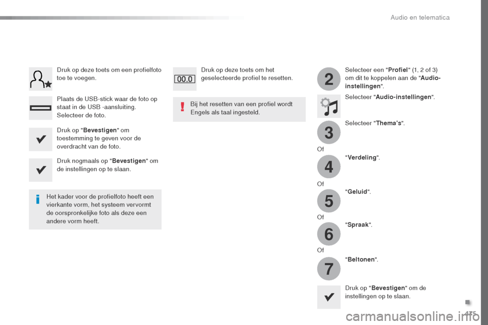 Peugeot Expert VU 2016 Handleiding (in Dutch) 475
3
2
4
5
6
7
Expert_nl_Chap10c_RCC-1_ed01-2016
Selecteer een "Profiel" (1, 2 of 3)
om dit te koppelen aan de " Audio-
instellingen ".
Selecteer " Audio-instellingen ".
Selecteer " Themas".
of
"V
Peugeot Expert VU 2016 Handleiding (in Dutch) 475
3
2
4
5
6
7
Expert_nl_Chap10c_RCC-1_ed01-2016
Selecteer een "Profiel" (1, 2 of 3)
om dit te koppelen aan de " Audio-
instellingen ".
Selecteer " Audio-instellingen ".
Selecteer " Themas".
of
"V