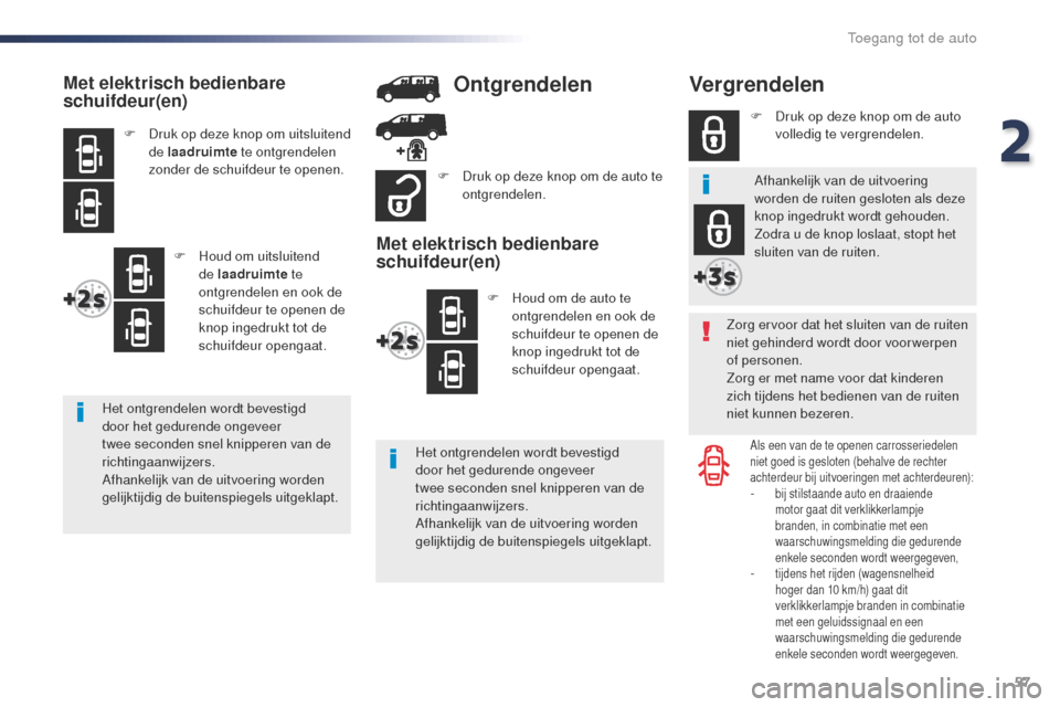 Peugeot Expert VU 2016 Handleiding (in Dutch) 57
Expert_nl_Chap02_ouvertures_ed01-2016
Vergrendelen
Zorg ervoor dat het sluiten van de ruiten
niet gehinderd wordt door voorwerpen
of personen.
Zorg er met name voor dat kinderen
zich tijdens het Peugeot Expert VU 2016 Handleiding (in Dutch) 57
Expert_nl_Chap02_ouvertures_ed01-2016
Vergrendelen
Zorg ervoor dat het sluiten van de ruiten
niet gehinderd wordt door voorwerpen
of personen.
Zorg er met name voor dat kinderen
zich tijdens het