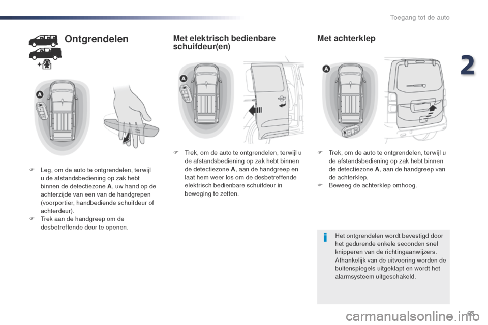 Peugeot Expert VU 2016 Handleiding (in Dutch) 63
Expert_nl_Chap02_ouvertures_ed01-2016
Ontgrendelen
F Leg, om de auto te ontgrendelen, ter wijl u de afstandsbediening op zak hebt
binnen de detectiezone A , uw hand op de
achterzijde van een van Peugeot Expert VU 2016 Handleiding (in Dutch) 63
Expert_nl_Chap02_ouvertures_ed01-2016
Ontgrendelen
F Leg, om de auto te ontgrendelen, ter wijl u de afstandsbediening op zak hebt
binnen de detectiezone A , uw hand op de
achterzijde van een van