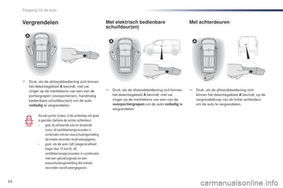 Peugeot Expert VU 2016 Handleiding (in Dutch) 64
Expert_nl_Chap02_ouvertures_ed01-2016
Met elektrisch bedienbare
schuifdeur(en)Vergrendelen
F Druk, als de afstandsbediening zich binnen het detectiegebied A bevindt, met uw
vinger op de merkteken Peugeot Expert VU 2016 Handleiding (in Dutch) 64
Expert_nl_Chap02_ouvertures_ed01-2016
Met elektrisch bedienbare
schuifdeur(en)Vergrendelen
F Druk, als de afstandsbediening zich binnen het detectiegebied A bevindt, met uw
vinger op de merkteken