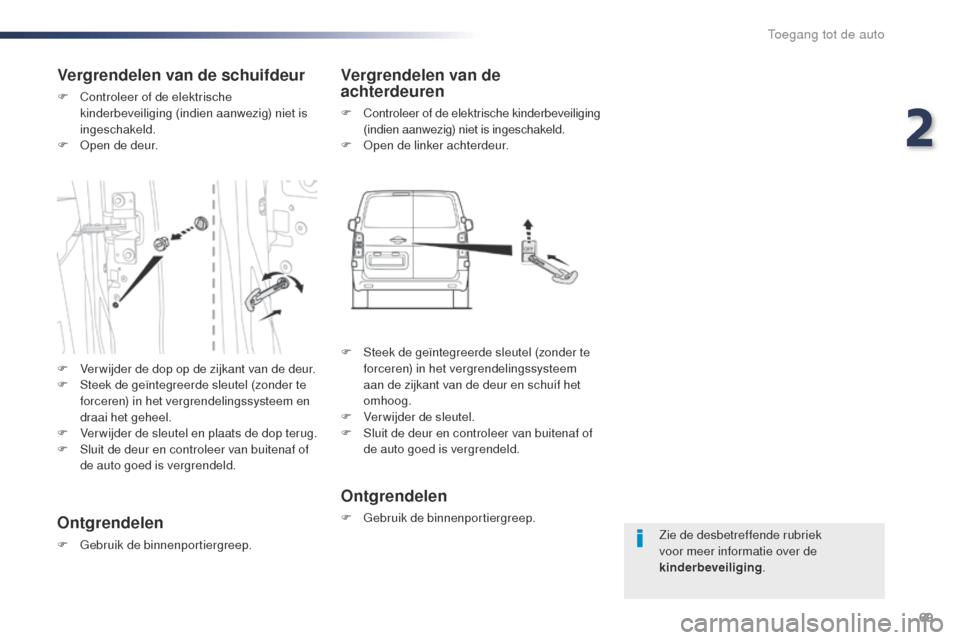 Peugeot Expert VU 2016 Handleiding (in Dutch) 69
Expert_nl_Chap02_ouvertures_ed01-2016
Zie de desbetreffende rubriek
voor meer informatie over de
kinderbeveiliging.
Vergrendelen van de schuifdeur
F Controleer of de elektrische
kinderbeveiligin Peugeot Expert VU 2016 Handleiding (in Dutch) 69
Expert_nl_Chap02_ouvertures_ed01-2016
Zie de desbetreffende rubriek
voor meer informatie over de
kinderbeveiliging.
Vergrendelen van de schuifdeur
F Controleer of de elektrische
kinderbeveiligin