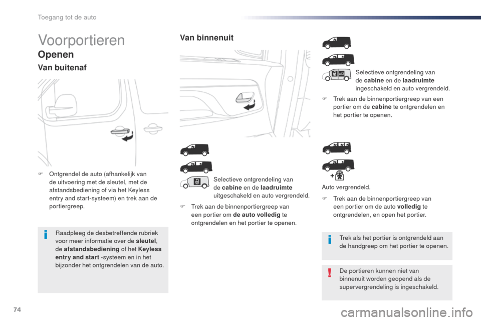 Peugeot Expert VU 2016  Handleiding (in Dutch) 74
Expert_nl_Chap02_ouvertures_ed01-2016
Voorportieren
Openen
Van buitenaf
F  trek aan de binnenportiergreep van een portier om de auto volledig te 
ontgrendelen en het portier te openen. F
  t
rek
  