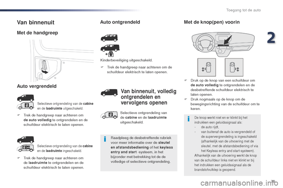 Peugeot Expert VU 2016 Handleiding (in Dutch) 79
Expert_nl_Chap02_ouvertures_ed01-2016
F trek de handgreep naar achteren om de laadruimte te ontgrendelen en de
schuifdeur elektrisch te laten openen. F
t
rek
de handgreep naar achteren om de Peugeot Expert VU 2016 Handleiding (in Dutch) 79
Expert_nl_Chap02_ouvertures_ed01-2016
F trek de handgreep naar achteren om de laadruimte te ontgrendelen en de
schuifdeur elektrisch te laten openen. F
t
rek
de handgreep naar achteren om de