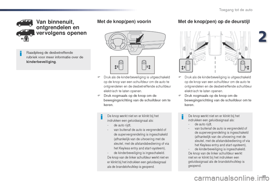 Peugeot Expert VU 2016 Handleiding (in Dutch) 81
Expert_nl_Chap02_ouvertures_ed01-2016
F Druk als de kinderbeveiliging is uitgeschakeld
op de knop van een schuifdeur om de auto te
ontgrendelen en de desbetreffende schuifdeur
elektrisch te late Peugeot Expert VU 2016 Handleiding (in Dutch) 81
Expert_nl_Chap02_ouvertures_ed01-2016
F Druk als de kinderbeveiliging is uitgeschakeld
op de knop van een schuifdeur om de auto te
ontgrendelen en de desbetreffende schuifdeur
elektrisch te late
