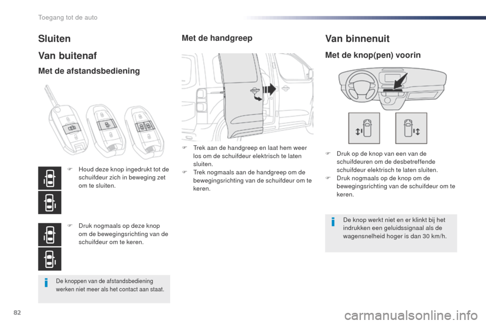Peugeot Expert VU 2016 Handleiding (in Dutch) 82
Expert_nl_Chap02_ouvertures_ed01-2016
De knoppen van de afstandsbediening
werken niet meer als het contact aan staat.
Sluiten
Van buitenaf
F Druk op de knop van een van de schuifdeuren om de desbe Peugeot Expert VU 2016 Handleiding (in Dutch) 82
Expert_nl_Chap02_ouvertures_ed01-2016
De knoppen van de afstandsbediening
werken niet meer als het contact aan staat.
Sluiten
Van buitenaf
F Druk op de knop van een van de schuifdeuren om de desbe