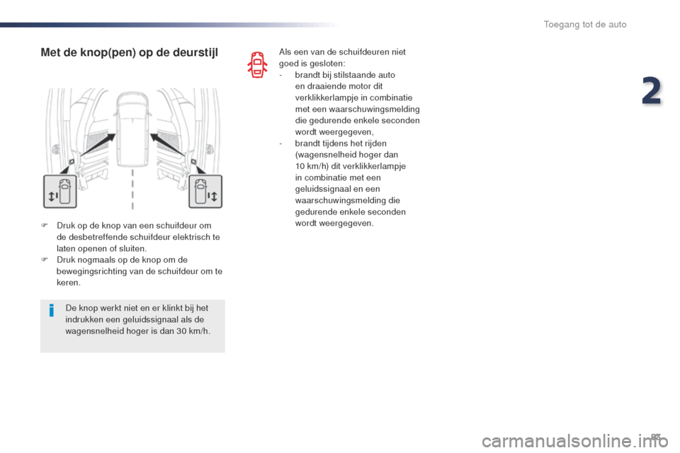Peugeot Expert VU 2016 Handleiding (in Dutch) 83
Expert_nl_Chap02_ouvertures_ed01-2016
F Druk op de knop van een schuifdeur om de desbetreffende schuifdeur elektrisch te
laten openen of sluiten.
F
D
ruk nogmaals op de knop om de
bewegingsric Peugeot Expert VU 2016 Handleiding (in Dutch) 83
Expert_nl_Chap02_ouvertures_ed01-2016
F Druk op de knop van een schuifdeur om de desbetreffende schuifdeur elektrisch te
laten openen of sluiten.
F
D
ruk nogmaals op de knop om de
bewegingsric