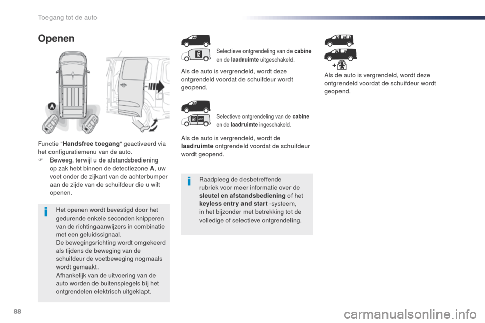 Peugeot Expert VU 2016 Handleiding (in Dutch) 88
Expert_nl_Chap02_ouvertures_ed01-2016
Raadpleeg de desbetreffende
rubriek voor meer informatie over de
sleutel en afstandsbediening of het
keyless entr y and star t -systeem,
in het bijzonder m Peugeot Expert VU 2016 Handleiding (in Dutch) 88
Expert_nl_Chap02_ouvertures_ed01-2016
Raadpleeg de desbetreffende
rubriek voor meer informatie over de
sleutel en afstandsbediening of het
keyless entr y and star t -systeem,
in het bijzonder m