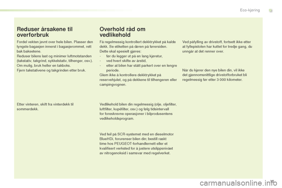 Peugeot Expert VU 2016 Brukerhåndbok (in Norwegian) 13
Expert_no_Chap00c_eco-conduite_ed01-2016
Reduser årsakene til
overforbruk
Fordel vekten jevnt over hele bilen. Plasser den
tyngste bagasjen innerst i bagasjerommet, rett
bak baksetene.
Reduser Peugeot Expert VU 2016 Brukerhåndbok (in Norwegian) 13
Expert_no_Chap00c_eco-conduite_ed01-2016
Reduser årsakene til
overforbruk
Fordel vekten jevnt over hele bilen. Plasser den
tyngste bagasjen innerst i bagasjerommet, rett
bak baksetene.
Reduser