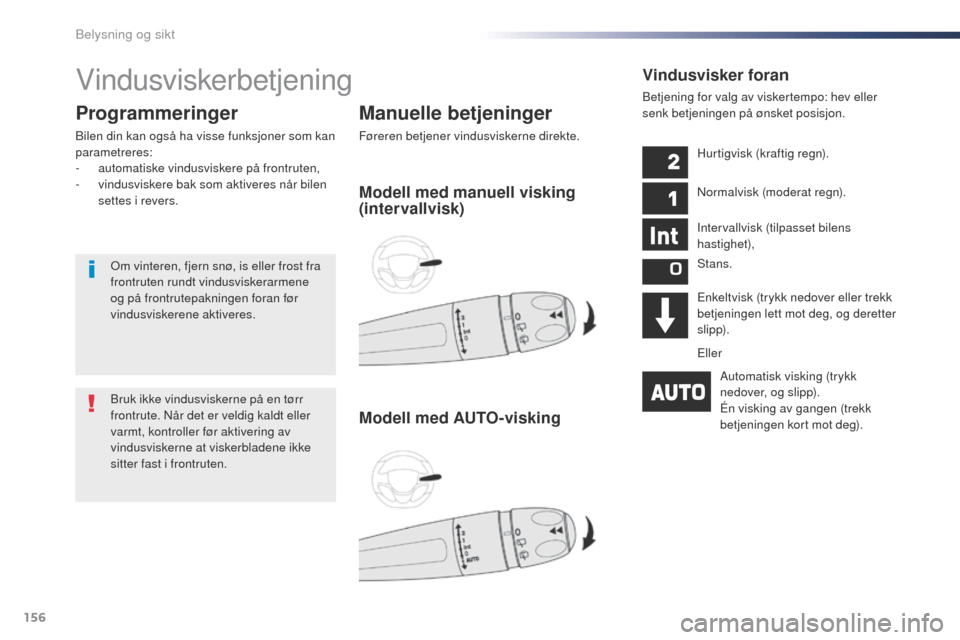 Peugeot Expert VU 2016  Brukerhåndbok (in Norwegian) 156
Expert_no_Chap04_eclairage-et-visibilite_ed01-2016
Vindusviskerbetjening
Manuelle betjeninger
Føreren betjener vindusviskerne direkte.
Programmeringer
Bilen din kan også ha visse funksjoner som 