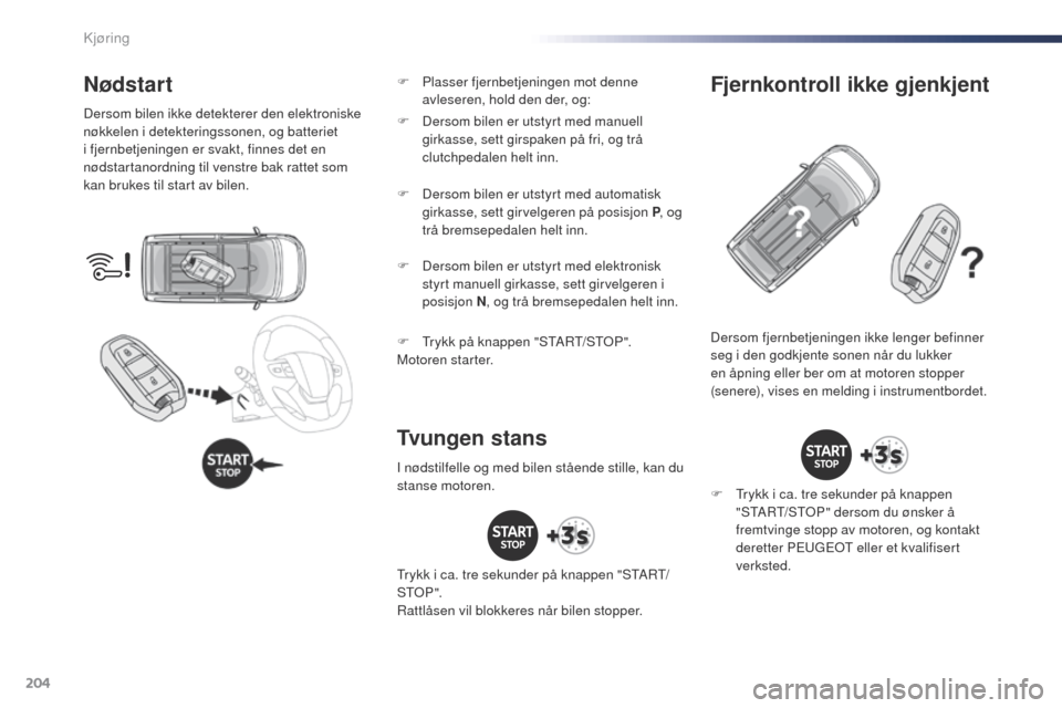 Peugeot Expert VU 2016 Brukerhåndbok (in Norwegian) 204
Expert_no_Chap06_conduite_ed01-2016
Nødstart
Dersom bilen ikke detekterer den elektroniske
nøkkelen i detekteringssonen, og batteriet
i fjernbetjeningen er svakt, finnes det en
nødstartanord Peugeot Expert VU 2016 Brukerhåndbok (in Norwegian) 204
Expert_no_Chap06_conduite_ed01-2016
Nødstart
Dersom bilen ikke detekterer den elektroniske
nøkkelen i detekteringssonen, og batteriet
i fjernbetjeningen er svakt, finnes det en
nødstartanord