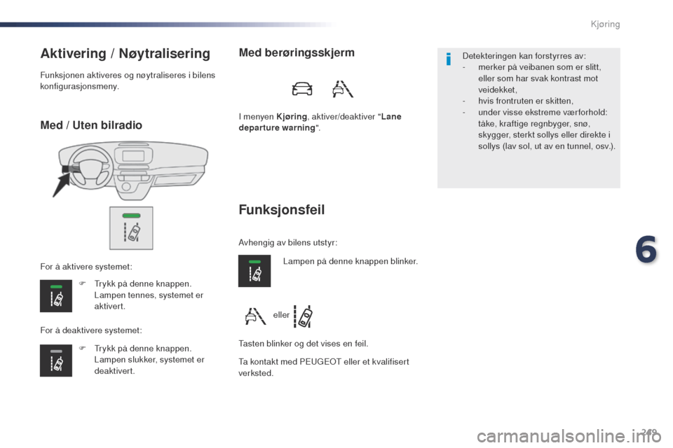 Peugeot Expert VU 2016 Brukerhåndbok (in Norwegian) 249
Expert_no_Chap06_conduite_ed01-2016
Med / Uten bilradio
Aktivering / Nøytralisering
F trykk på denne knappen. Lampen tennes, systemet er
aktivert.
F
t
r
ykk på denne knappen.
Lampen slukk Peugeot Expert VU 2016 Brukerhåndbok (in Norwegian) 249
Expert_no_Chap06_conduite_ed01-2016
Med / Uten bilradio
Aktivering / Nøytralisering
F trykk på denne knappen. Lampen tennes, systemet er
aktivert.
F
t
r
ykk på denne knappen.
Lampen slukk