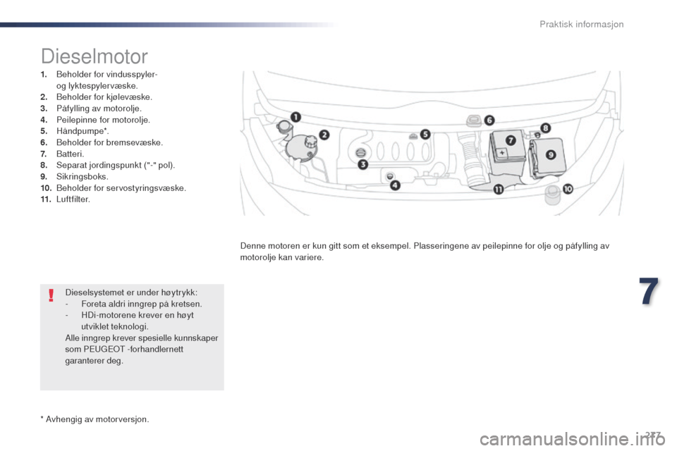 Peugeot Expert VU 2016  Brukerhåndbok (in Norwegian) 277
Expert_no_Chap07_info-pratiques_ed01-2016
* Avhengig av motorversjon.
Dieselmotor
1. Beholder for vindusspyler-  og lyktespylervæske.
2.
 Be

holder for kjølevæske.
3.
 P

åfylling av motorolj