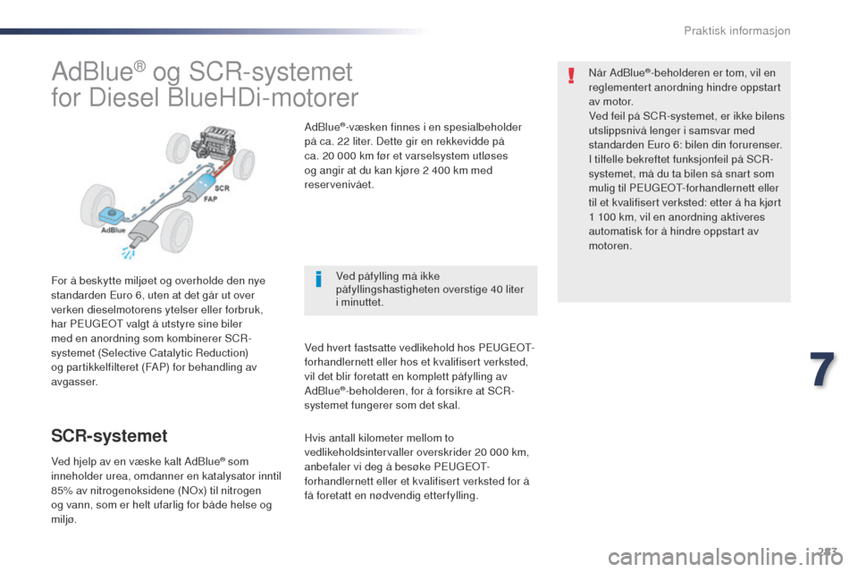 Peugeot Expert VU 2016 Brukerhåndbok (in Norwegian) 283
Expert_no_Chap07_info-pratiques_ed01-2016
AdBlue® og SCR-systemet
for Diesel BlueHDi-motorer
For å beskytte miljøet og overholde den nye
standarden Euro 6, uten at det går ut over
verken die Peugeot Expert VU 2016 Brukerhåndbok (in Norwegian) 283
Expert_no_Chap07_info-pratiques_ed01-2016
AdBlue® og SCR-systemet
for Diesel BlueHDi-motorer
For å beskytte miljøet og overholde den nye
standarden Euro 6, uten at det går ut over
verken die