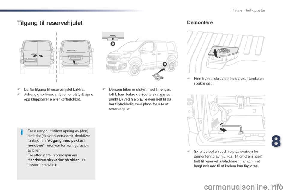 Peugeot Expert VU 2016 Brukerhåndbok (in Norwegian) 297
Expert_no_Chap08_En-cas-de-panne_ed01-2016
F Du får tilgang til reservehjulet bakfra.
F A vhengig av hvordan bilen er utstyrt, åpne
opp klappdørene eller kofferlokket. F
F
inn frem til skru Peugeot Expert VU 2016 Brukerhåndbok (in Norwegian) 297
Expert_no_Chap08_En-cas-de-panne_ed01-2016
F Du får tilgang til reservehjulet bakfra.
F A vhengig av hvordan bilen er utstyrt, åpne
opp klappdørene eller kofferlokket. F
F
inn frem til skru