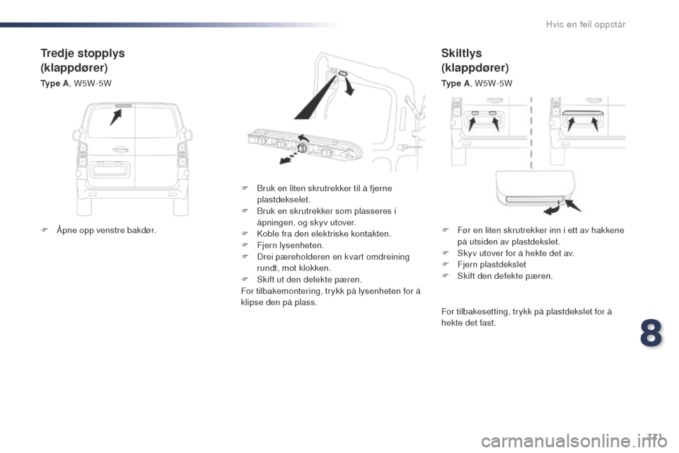 Peugeot Expert VU 2016  Brukerhåndbok (in Norwegian) 311
Expert_no_Chap08_En-cas-de-panne_ed01-2016
Skiltlys
(klappdører)
Ty p e  A, W5W-5W
F
 
B

ruk en liten skrutrekker til å fjerne 
plastdekselet.
F
 
B

ruk en skrutrekker som plasseres i 
åpning