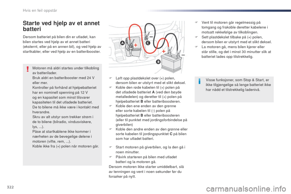 Peugeot Expert VU 2016 Brukerhåndbok (in Norwegian) 322
Expert_no_Chap08_En-cas-de-panne_ed01-2016
Starte ved hjelp av et annet
batteri
Motoren må aldri startes under tilkobling
av batterilader.
Bruk aldri en batteribooster med 24 V
eller mer.
Kont Peugeot Expert VU 2016 Brukerhåndbok (in Norwegian) 322
Expert_no_Chap08_En-cas-de-panne_ed01-2016
Starte ved hjelp av et annet
batteri
Motoren må aldri startes under tilkobling
av batterilader.
Bruk aldri en batteribooster med 24 V
eller mer.
Kont