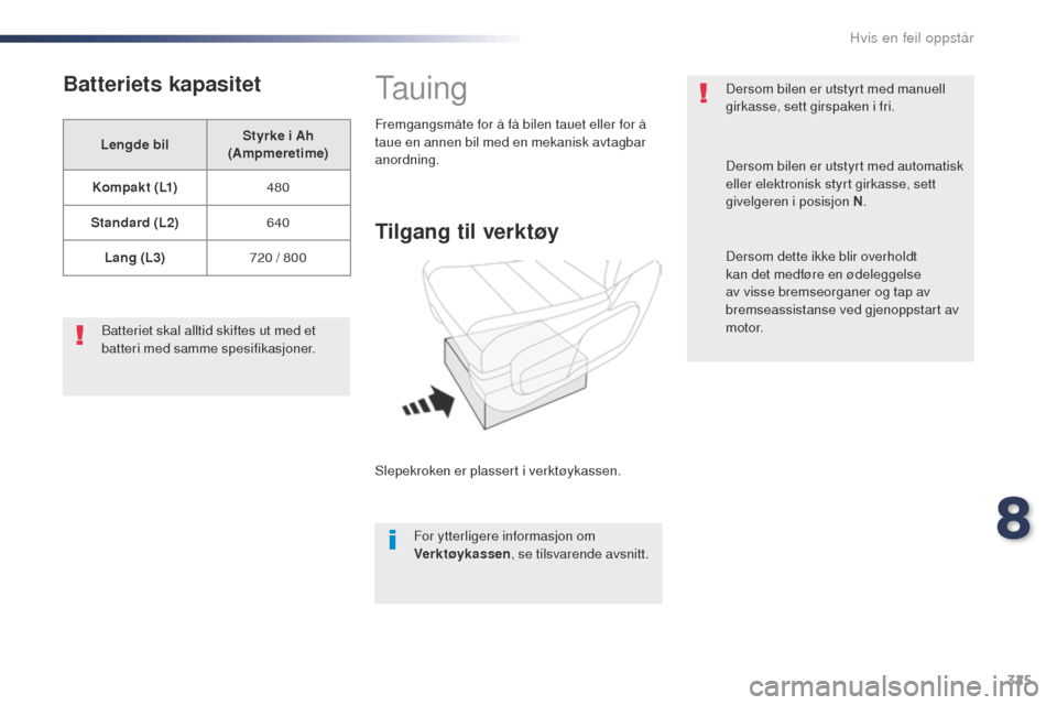 Peugeot Expert VU 2016 Brukerhåndbok (in Norwegian) 325
Expert_no_Chap08_En-cas-de-panne_ed01-2016
Batteriets kapasitet
Lengde bilStyrke i Ah
(Ampmeretime)
Kompakt (L1) 480
Standard (L2) 640
Lang (L3) 720 / 800
Batteriet skal alltid skiftes ut med et Peugeot Expert VU 2016 Brukerhåndbok (in Norwegian) 325
Expert_no_Chap08_En-cas-de-panne_ed01-2016
Batteriets kapasitet
Lengde bilStyrke i Ah
(Ampmeretime)
Kompakt (L1) 480
Standard (L2) 640
Lang (L3) 720 / 800
Batteriet skal alltid skiftes ut med et