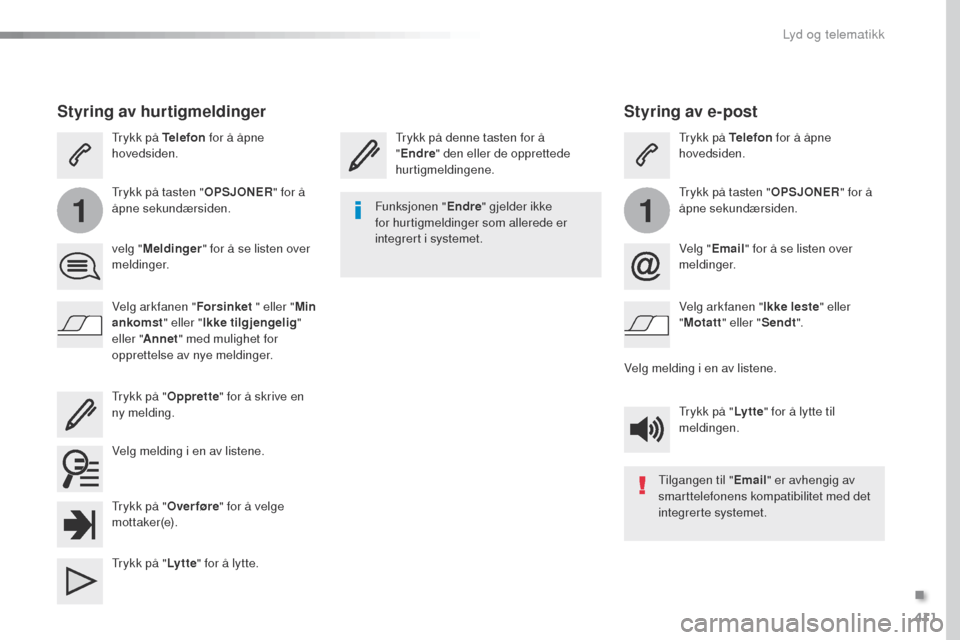 Peugeot Expert VU 2016  Brukerhåndbok (in Norwegian) 411
11
Expert_no_Chap10b_NAC-1_ed01-2016
Styring av e-post
trykk på denne tasten for å 
"Endre " den eller de opprettede 
hurtigmeldingene.tr ykk på Telefon
 for å åpne 
hovedsiden.
tr

ykk på t