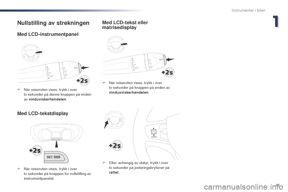 Peugeot Expert VU 2016  Brukerhåndbok (in Norwegian) 41
Expert_no_Chap01_instruments-de-bord_ed01-2016
Nullstilling av strekningen
Med LCD-tekstdisplay
F Når reiseruten vises, trykk i over to   sekunder på knappen på enden av 
vindusviskerhendelen .
