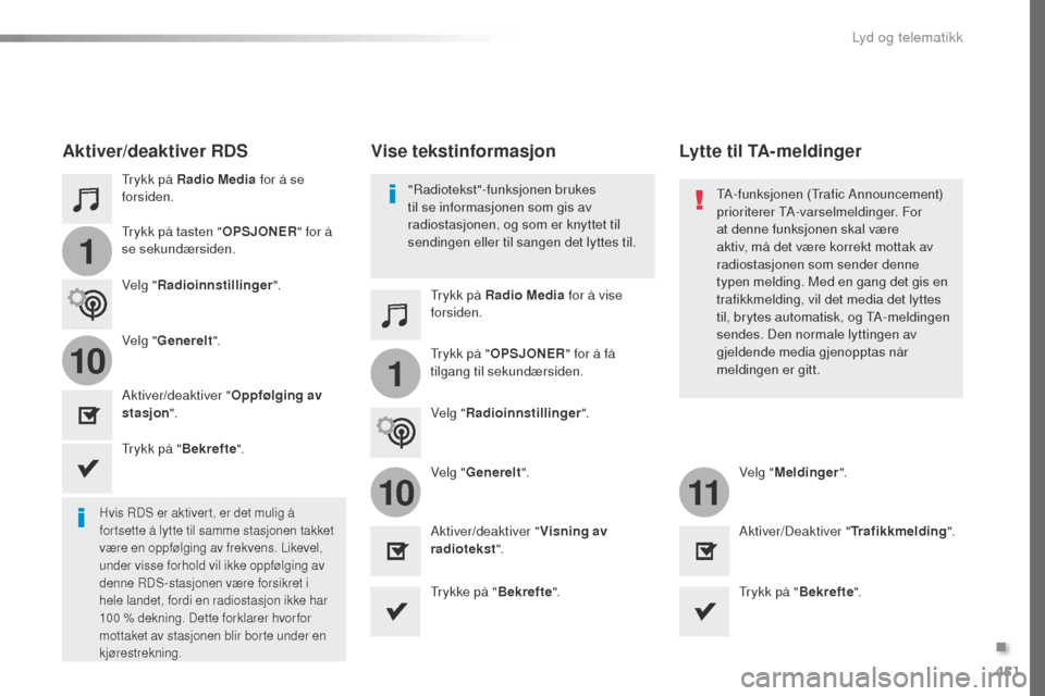 Peugeot Expert VU 2016  Brukerhåndbok (in Norwegian) 451
1
110
1011
Expert_no_Chap10c_RCC-1_ed01-2016
trykk på Radio Media for å se 
forsiden.
tr

ykk på Radio Media for å vise 
forsiden.
tr

ykk på tasten " OPSJONER" for å 
se sekundærsiden.
tr
