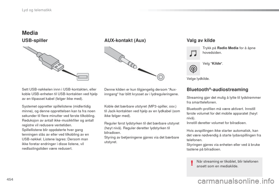 Peugeot Expert VU 2016  Brukerhåndbok (in Norwegian) 454
Expert_no_Chap10c_RCC-1_ed01-2016
Media
USB-spillerValg av kilde
Velg "Kilde".
tr
ykk på Radio Media
 for å åpne 
hovedsiden.
Systemet oppretter spillelistene (midlertidig 
minne), og denne opp