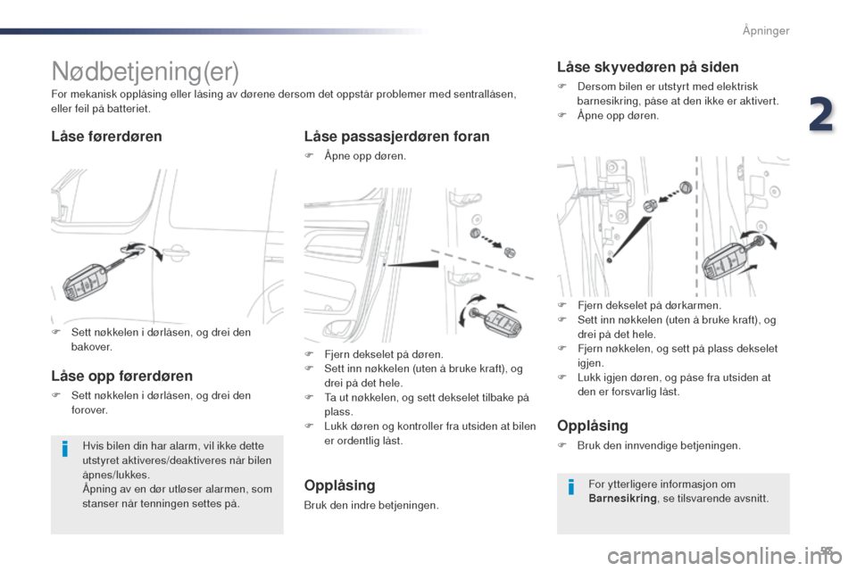Peugeot Expert VU 2016  Brukerhåndbok (in Norwegian) 53
Expert_no_Chap02_ouvertures_ed01-2016
Nødbetjening(er)
Låse førerdørenLåse passasjerdøren foran
F Åpne opp døren.
For mekanisk opplåsing eller låsing av dørene dersom det oppstår proble