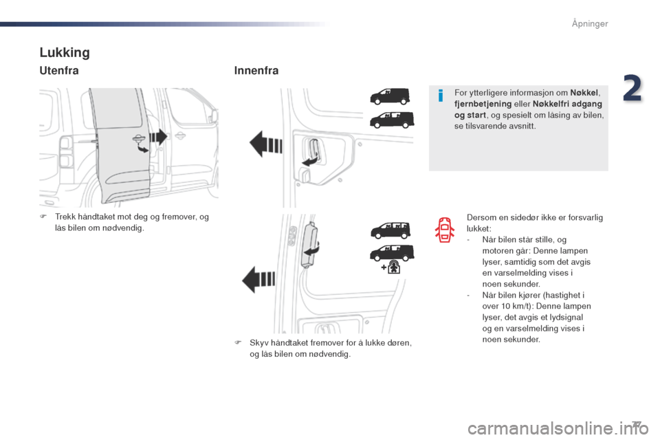 Peugeot Expert VU 2016  Brukerhåndbok (in Norwegian) 77
Expert_no_Chap02_ouvertures_ed01-2016
Dersom en sidedør ikke er forsvarlig 
lukket:
- 
N
 år bilen står stille, og 
motoren går: Denne lampen 
lyser, samtidig som det avgis 
en varselmelding vi