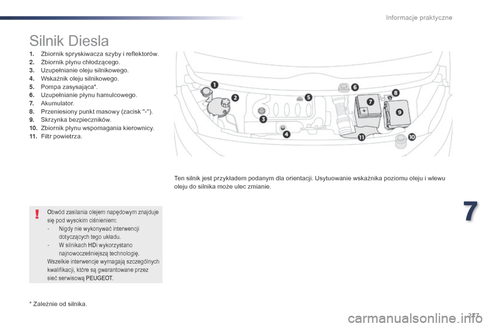 Peugeot Expert VU 2016 Instrukcja Obsługi (in Polish) 277
Expert_pl_Chap07_info-pratiques_ed01-2016
* Zależnie od silnika.
Silnik Diesla
1. Zbiornik spryskiwacza szyby i reflektorów.
2. Z biornik płynu chłodzącego.
3.
U
zupełnianie oleju silniko Peugeot Expert VU 2016 Instrukcja Obsługi (in Polish) 277
Expert_pl_Chap07_info-pratiques_ed01-2016
* Zależnie od silnika.
Silnik Diesla
1. Zbiornik spryskiwacza szyby i reflektorów.
2. Z biornik płynu chłodzącego.
3.
U
zupełnianie oleju silniko