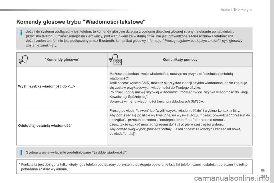 Peugeot Expert VU 2016  Instrukcja Obsługi (in Polish) 351
Expert_pl_Chap10b_NAC-1_ed01-2016
"Komendy głosowe" Komunikaty pomocy
Wyślij szybką wiadomość do <...> Możesz odsłuchać swoje wiadomości, mówiąc na przykład: "odsłuchaj ostatnią 
wia