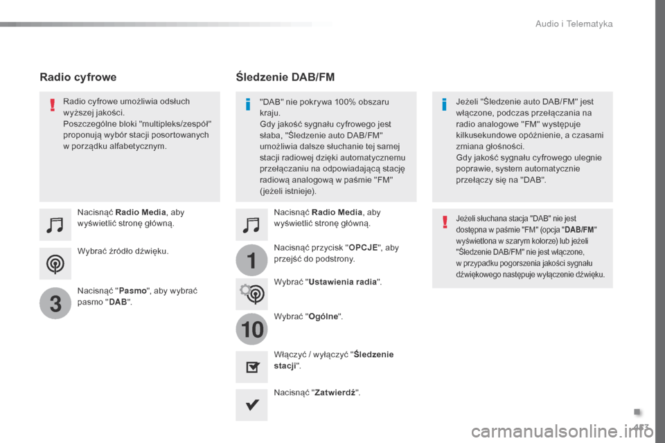 Peugeot Expert VU 2016 Instrukcja Obsługi (in Polish) 453
1
10
3
Expert_pl_Chap10c_RCC-1_ed01-2016
Wybrać źródło dźwięku. Nacisnąć Radio Media , aby
wyświetlić stronę główną.
Nacisnąć " Pasmo", aby wybrać
pasmo " DAB". Nacisnąć
Radi Peugeot Expert VU 2016 Instrukcja Obsługi (in Polish) 453
1
10
3
Expert_pl_Chap10c_RCC-1_ed01-2016
Wybrać źródło dźwięku. Nacisnąć Radio Media , aby
wyświetlić stronę główną.
Nacisnąć " Pasmo", aby wybrać
pasmo " DAB". Nacisnąć
Radi