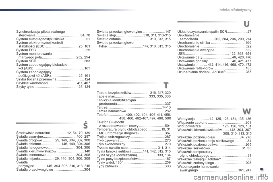 Peugeot Expert VU 2016 Instrukcja Obsługi (in Polish) 511
Expert_pl_Chap11_index-alpha_ed01-2016
Środowisko naturalne .................12, 54, 70, 139
Światła awaryjne ...................................1 60, 287
Światła drogowe
............ 2
9 Peugeot Expert VU 2016 Instrukcja Obsługi (in Polish) 511
Expert_pl_Chap11_index-alpha_ed01-2016
Środowisko naturalne .................12, 54, 70, 139
Światła awaryjne ...................................1 60, 287
Światła drogowe
............ 2
9