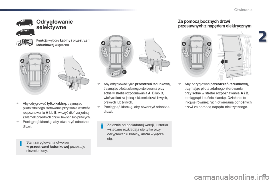 Peugeot Expert VU 2016 Instrukcja Obsługi (in Polish) 61
Expert_pl_Chap02_ouvertures_ed01-2016
Zależnie od posiadanej wersji, lusterka
wsteczne rozkładają się tylko przy
odryglowaniu kabiny, alarm wyłącza
się.
Funkcja wyboru kabiny i przestrzen Peugeot Expert VU 2016 Instrukcja Obsługi (in Polish) 61
Expert_pl_Chap02_ouvertures_ed01-2016
Zależnie od posiadanej wersji, lusterka
wsteczne rozkładają się tylko przy
odryglowaniu kabiny, alarm wyłącza
się.
Funkcja wyboru kabiny i przestrzen