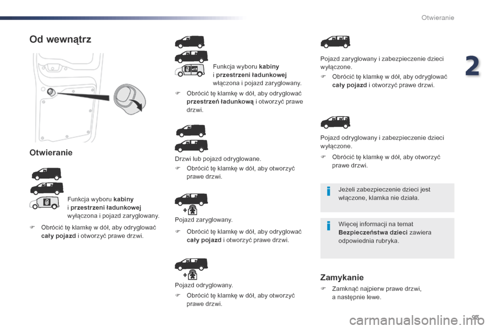 Peugeot Expert VU 2016 Instrukcja Obsługi (in Polish) 93
Expert_pl_Chap02_ouvertures_ed01-2016
Jeżeli zabezpieczenie dzieci jest
włączone, klamka nie działa.
Więcej informacji na temat
Bezpieczeństwa dzieci zawiera
odpowiednia rubryka.
Od wewną Peugeot Expert VU 2016 Instrukcja Obsługi (in Polish) 93
Expert_pl_Chap02_ouvertures_ed01-2016
Jeżeli zabezpieczenie dzieci jest
włączone, klamka nie działa.
Więcej informacji na temat
Bezpieczeństwa dzieci zawiera
odpowiednia rubryka.
Od wewną