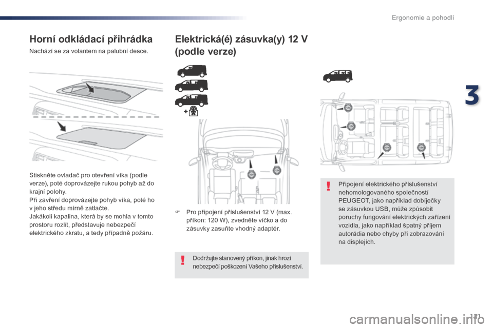 Peugeot Expert VU 2016 Návod k obsluze (in Czech) 121
Expert_cs_Chap03_ergonomie-et-confort_ed01-2016
Horní odkládací přihrádka
Nachází se za volantem na palubní desce.
Stiskněte ovladač pro otevření víka (podle
verze), poté doprováze Peugeot Expert VU 2016 Návod k obsluze (in Czech) 121
Expert_cs_Chap03_ergonomie-et-confort_ed01-2016
Horní odkládací přihrádka
Nachází se za volantem na palubní desce.
Stiskněte ovladač pro otevření víka (podle
verze), poté doprováze