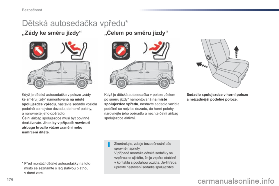 Peugeot Expert VU 2016 Návod k obsluze (in Czech) 176
Expert_cs_Chap05_securite_ed01-2016
Sedadlo spolujezdce v horní poloze
a nejzadnější podélné poloze.
„Zády ke směru jízdy“
Dětská autosedačka vpředu*
„Čelem po směru jízdy Peugeot Expert VU 2016 Návod k obsluze (in Czech) 176
Expert_cs_Chap05_securite_ed01-2016
Sedadlo spolujezdce v horní poloze
a nejzadnější podélné poloze.
„Zády ke směru jízdy“
Dětská autosedačka vpředu*
„Čelem po směru jízdy