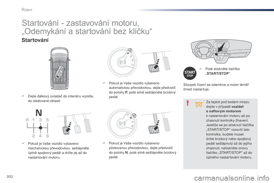 Peugeot Expert VU 2016 Návod k obsluze (in Czech) 202
Expert_cs_Chap06_conduite_ed01-2016
Za teplot pod bodem mrazu
dojde v případě vozidel
s naftovým motorem
k nastartování motoru až po
zhasnutí kontrolky žhavení.
Jestliže se po sti Peugeot Expert VU 2016 Návod k obsluze (in Czech) 202
Expert_cs_Chap06_conduite_ed01-2016
Za teplot pod bodem mrazu
dojde v případě vozidel
s naftovým motorem
k nastartování motoru až po
zhasnutí kontrolky žhavení.
Jestliže se po sti