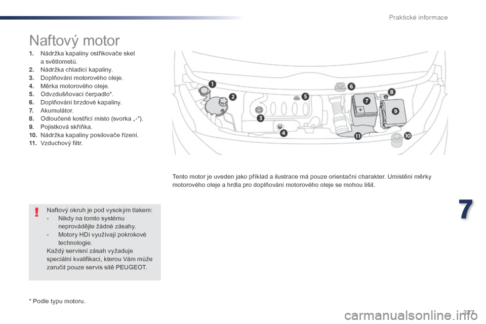 Peugeot Expert VU 2016 Návod k obsluze (in Czech) 277
Expert_cs_Chap07_info-pratiques_ed01-2016
* Podle typu motoru.
Naftový motor
1. Nádržka kapaliny ostřikovače skel a světlometů.
2.
N
ádržka chladicí kapaliny.
3.
D
oplňování mot Peugeot Expert VU 2016 Návod k obsluze (in Czech) 277
Expert_cs_Chap07_info-pratiques_ed01-2016
* Podle typu motoru.
Naftový motor
1. Nádržka kapaliny ostřikovače skel a světlometů.
2.
N
ádržka chladicí kapaliny.
3.
D
oplňování mot