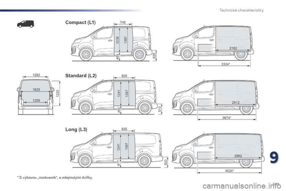 Peugeot Expert VU 2016 Návod k obsluze (in Czech) 329
Expert_cs_Chap09_caracteristiques-techniques_ed01-2016
* S výbavou „moduwork“, s odejmutými dvířky.
Compact (L1)
Standard (L2)
Long (L3)
9
T Peugeot Expert VU 2016 Návod k obsluze (in Czech) 329
Expert_cs_Chap09_caracteristiques-techniques_ed01-2016
* S výbavou „moduwork“, s odejmutými dvířky.
Compact (L1)
Standard (L2)
Long (L3)
9
T