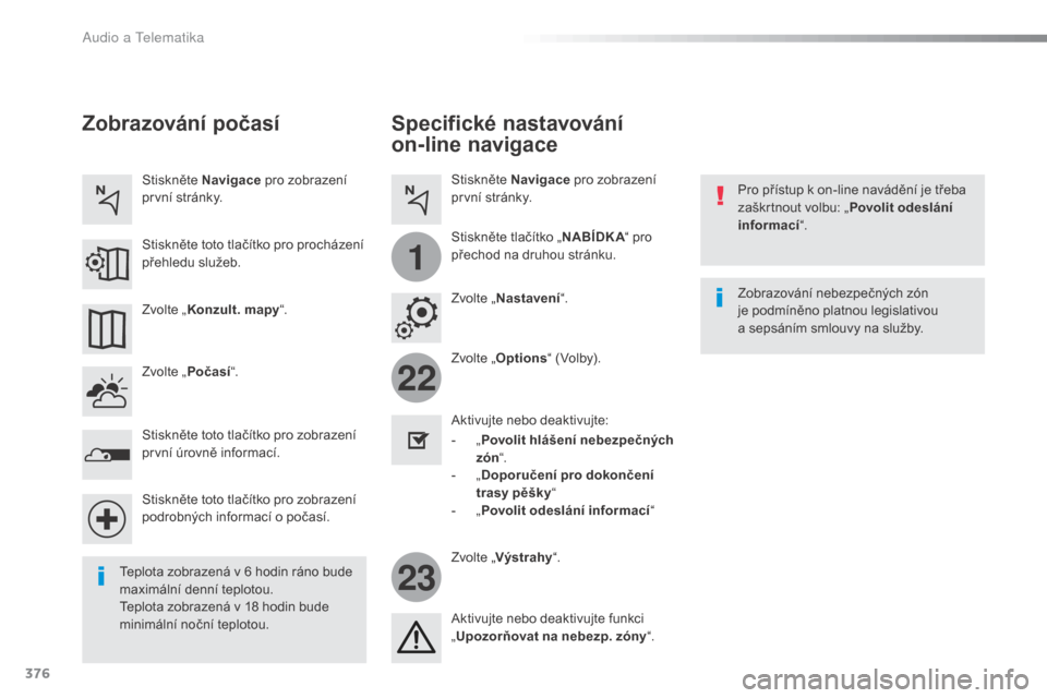 Peugeot Expert VU 2016  Návod k obsluze (in Czech) 376
22
23
1
Expert_cs_Chap10b_NAC-1_ed01-2016
Specifické nastavování 
on-line navigace
Pro přístup k on-line navádění je třeba 
zaškrtnout volbu: „Povolit odeslání 
informací “.
Zvolt