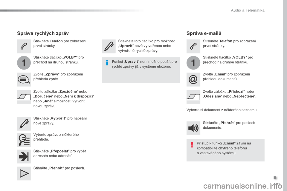 Peugeot Expert VU 2016 Návod k obsluze (in Czech) 411
11
Expert_cs_Chap10b_NAC-1_ed01-2016
Správa e-mailů
Stiskněte toto tlačítko pro možnost
„Upravit “ nově vytvořenou nebo
vytvořené rychlé zprávy. Stiskněte Telefon
pro zobrazen Peugeot Expert VU 2016 Návod k obsluze (in Czech) 411
11
Expert_cs_Chap10b_NAC-1_ed01-2016
Správa e-mailů
Stiskněte toto tlačítko pro možnost
„Upravit “ nově vytvořenou nebo
vytvořené rychlé zprávy. Stiskněte Telefon
pro zobrazen