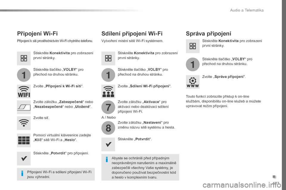 Peugeot Expert VU 2016  Návod k obsluze (in Czech) 437
11
1
7
8
Expert_cs_Chap10c_RCC-1_ed01-2016
Připojení Wi-FiSdílení připojení Wi-FiSpráva připojení
Abyste se ochránili před případným 
neoprávněným narušením a maximálně 
zabez